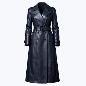 May include: A navy blue leather trench coat with a double-breasted design. The coat features a belt at the waist, button closures, and long sleeves. The coat is approximately 140 cm long.