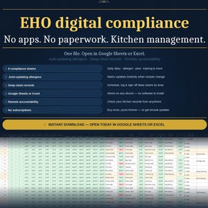 May include: A digital compliance management tool for kitchens, featuring a dark blue background with yellow and white text. It lists features like 8 compliance sheets, auto-updating allergens, and deep clean records, compatible with Google Sheets or Excel.