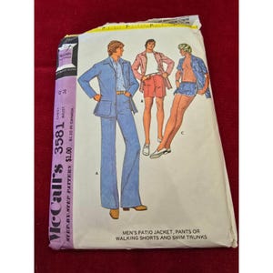 May include: A McCall's 3581 sewing pattern envelope featuring illustrations of a patio jacket, pants, walking shorts, and swim trunks. The white paper envelope displays the text McCall's 3581, chest 42, waist 36, and step-by-step pattern.