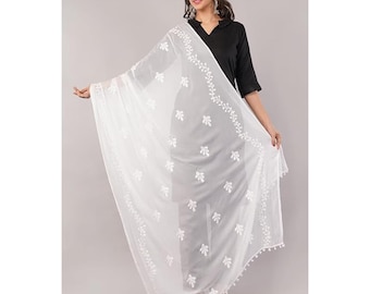 Dupatta bordada de gasa blanca para mujer / Dupatta étnica india / Dupatta blanca estilo Chikankari / Bufanda tradicional ligera
