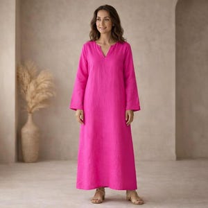 Pink Cotton Maxi Dress, Long Sleeve Cotton Caftan, Kaftan for Women
