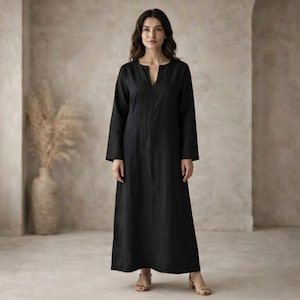 Black Cotton Maxi Dress for Women | Minimalist V Neck Long Dress | Loose Fit Summer Dress | Everyday Casual Cotton Dress