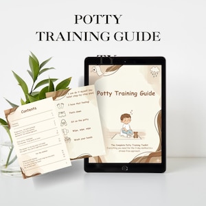 Op de afbeelding: Een digitale tablet met een "Potty Training Guide" met illustraties en tekst. De gids bevat een stappenplan, een kind dat op een potje zit en een teddybeer. Extra pagina's tonen de inhoud en instructies.