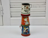 Vintage Tin Toy Pitchers Tin Litho Pitchers Children 39 s Toys Tea Party Fern Bisel Peat Instant Collection Set of 3 Chippy Tin Pitchers 90