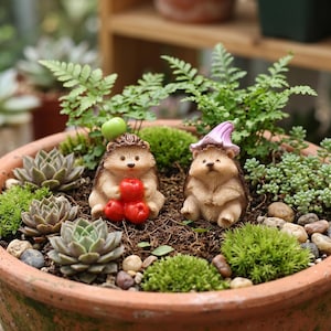 May include: A terracotta pot filled with succulents, moss, and small stones. Two hedgehog figurines are nestled among the plants. One holds red apples, the other wears a pink hat. A charming miniature garden scene.