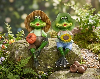 Cute Sitting Frog Couple Figurines Set,Sunflower & Pumpkin Frog Statue,Pond Fairy Garden Decor,Cottagecore Outdoor Yard Art,Frog Lover Gift
