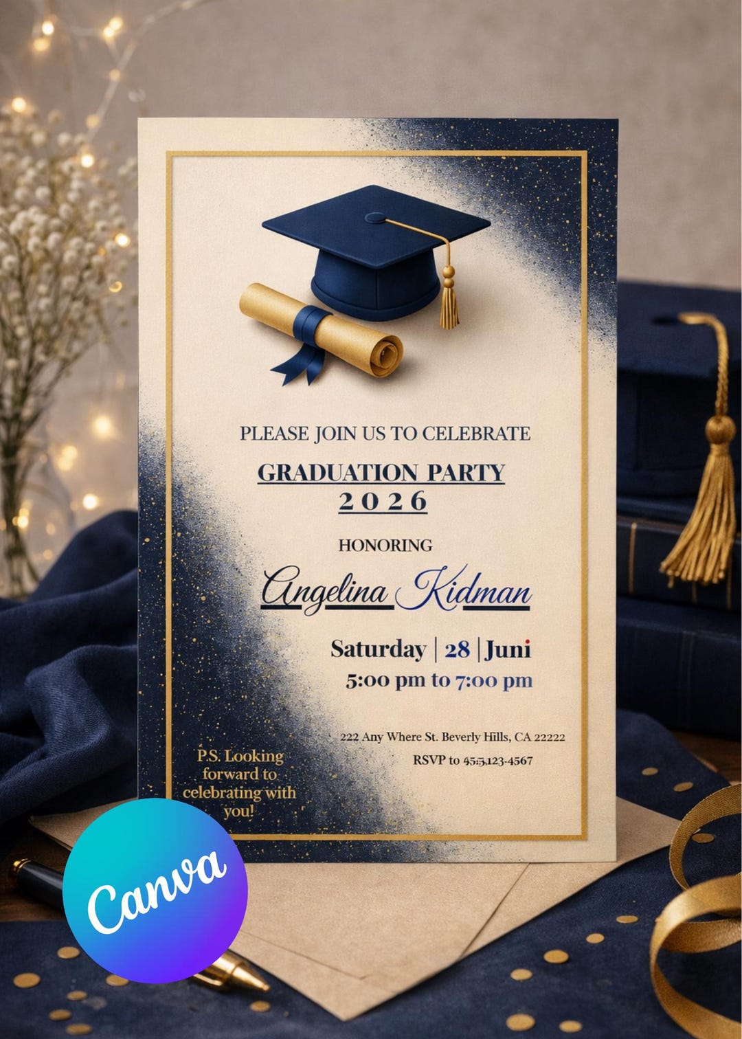 Elegant Graduation Invitation Template 2026, Editable Canva Grad Party ...