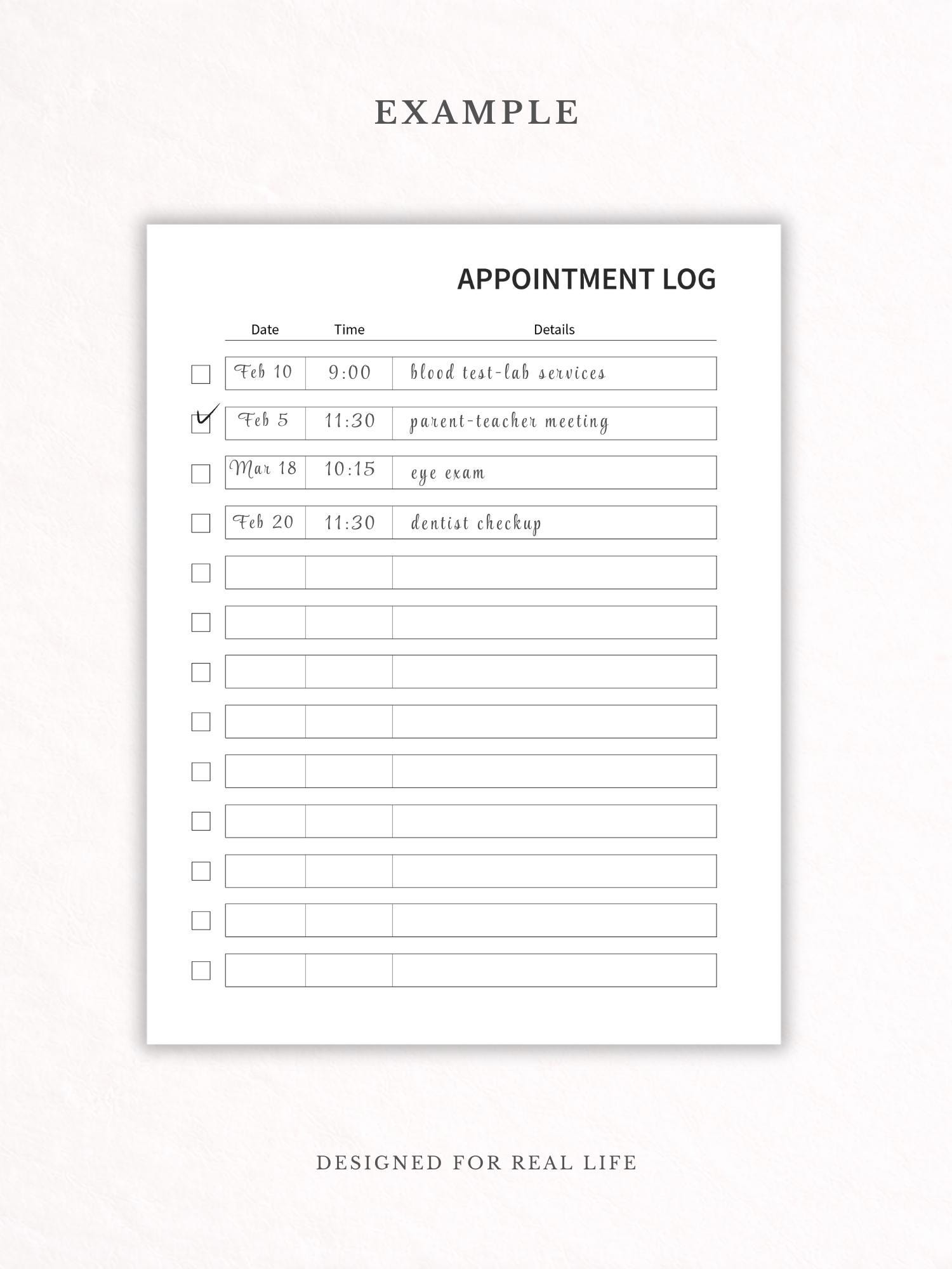 Minimal Appointment Log Printable | Undated Family Appointment Tracker ...