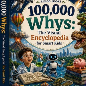May include: A hardback book titled 100,000 Whys: The Visual Encyclopedia for Smart Kids by Zimoh Books. The cover features a child in a lab coat with a microscope, a small robot, a dinosaur, a volcano, space elements, and a stack of books.