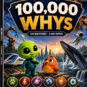 May include: A book cover titled 100,000 WHYS featuring a green alien and an orange bird. The background shows a city, a train, a whale, an astronaut, and a dinosaur. Six circular icons represent topics: animals, human body, space, earth, science, and technology.