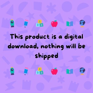 Puede incluir: Gr&aacute;fico de descarga digital sobre un fondo morado con ilustraciones de tem&aacute;tica escolar. El texto dice: "Este producto es una descarga digital, no se enviar&aacute; nada."