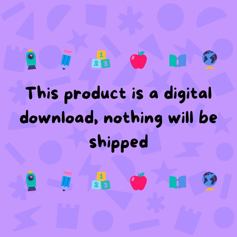 Puede incluir: Gr&aacute;fico de descarga digital sobre un fondo morado con ilustraciones de tem&aacute;tica escolar. El texto dice: "Este producto es una descarga digital, no se enviar&aacute; nada."