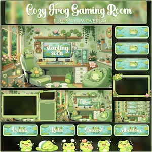 May include: A digital stream overlay set titled Cozy Frog Gaming Room, featuring a green-themed room illustration with a frog-shaped chair, desk, and beanbag. Includes various UI elements, buttons labeled Donate, Rules, Discord, About me, and frog icons.