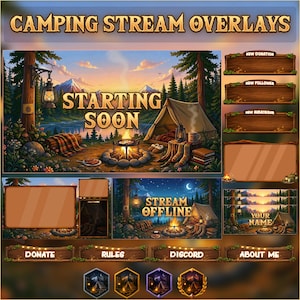 May include: Digital camping stream overlays with a nature theme. The design includes a campfire, tent, and forest scenery. Text includes "Starting Soon" and "Stream Offline". Additional panels for donations, followers, and subscribers are also included.