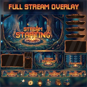 May include: A digital stream overlay with a forest theme. The design includes text that says "FULL STREAM OVERLAY", "STREAM STARTING", "STREAM OFFLINE", "YOUR NAME", and buttons for "DONATE", "RULES", "DISCORD", and "ABOUT ME". The color palette is primarily blues, greens, and browns.