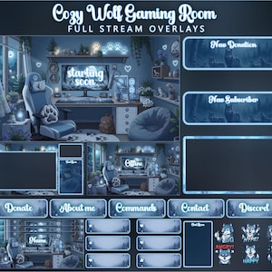 May include: A digital stream overlay set titled Cozy Wolf Gaming Room Full Stream Overlays, featuring blue-toned graphics of a gaming setup with wolf motifs, including notification bars, chat boxes, buttons, and animated wolf character stickers.