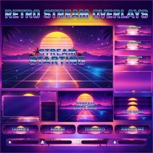 以下が含まれることがあります： レトロなスタイルの「Retro Stream Overlays」を特徴とするデジタルグラフィックデザイン。デザインには、夕日、ヤシの木、および「Stream Starting」や「Stream Offline」などのテキストを含むストリーミングインターフェース要素が含まれています。