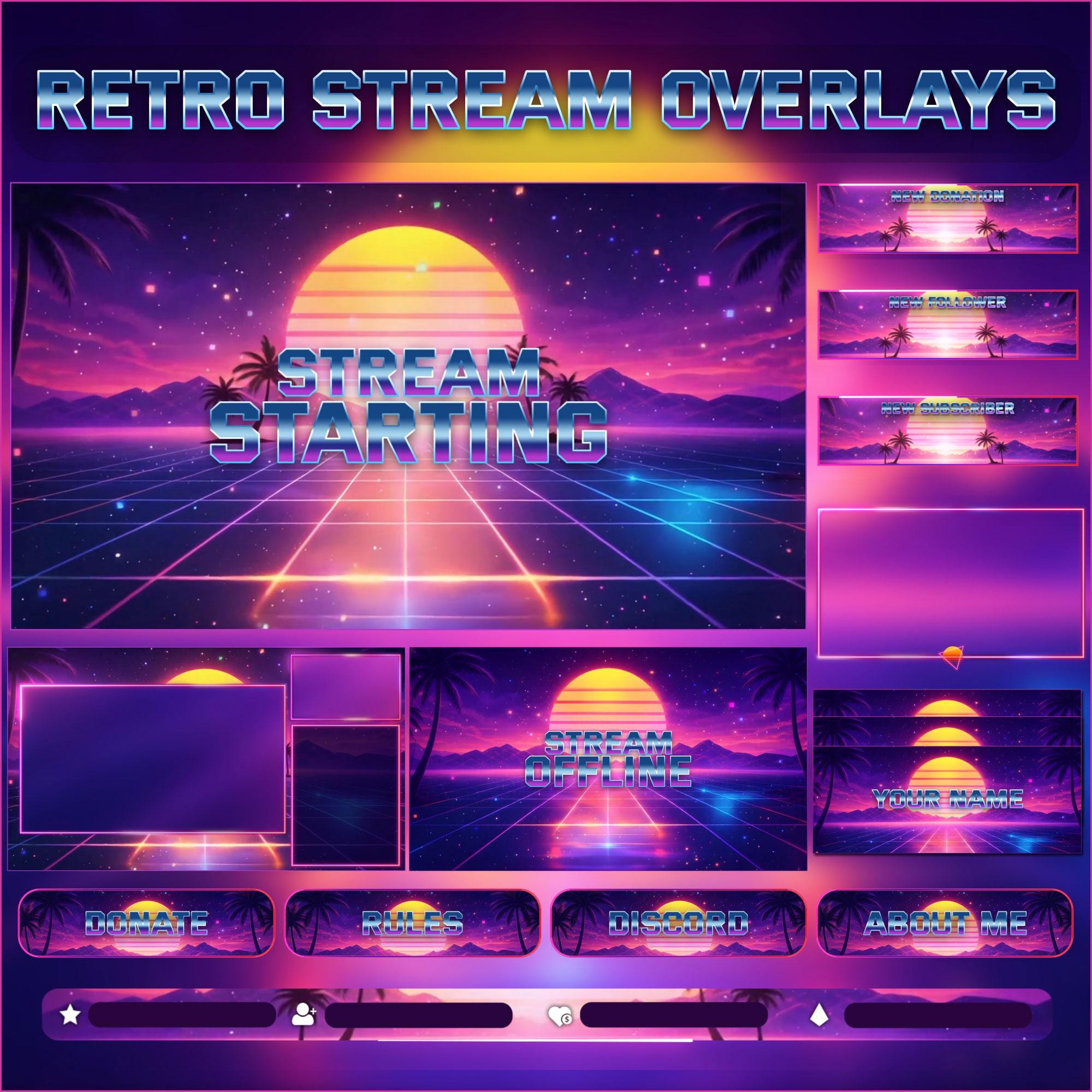 Synthwave Retro Stream Overlays Animated, Neon 80s Twitch Overlay OBS ...