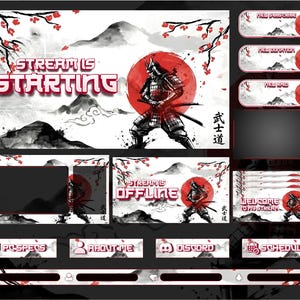 May include: A digital art stream overlay set with a Japanese theme. The design features a samurai warrior, a red sun, cherry blossoms, and the text "Stream is Starting" and "Stream is Offline". The color palette includes red, black, and white.