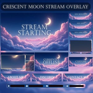 May include: A digital overlay design for streaming, featuring a crescent moon and clouds in shades of blue, pink, and purple. Text includes "Stream Starting", "Currently Offline", and social media links. The design is for a Twitch or YouTube streamer.