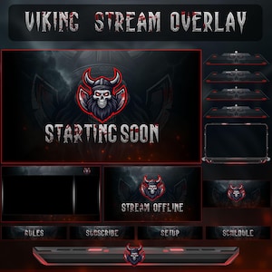 May include: A digital Viking-themed stream overlay design featuring a skull in a horned helmet. Text includes "VIKING STREAM OVERLAY", "STARTING SOON", and "STREAM OFFLINE". The design uses a dark colour palette of black, red, and grey.