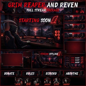 Grim Reaper Raven Stream Package Animated Dark Gaming Room Twitch Overlay VTuber OBS YouTube Kick Graphics