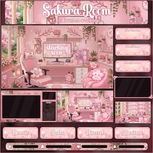 May include: A digital stream overlay set featuring a Sakura room theme in shades of pink. Includes panels labelled Sakura Room, New Donation, New Follower, New Subscriber, Donate, Rules, Discord, and About me, with illustrations of a gaming desk.