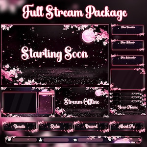Puede incluir: Un paquete de transmisión digital con un fondo oscuro y acentos florales rosas. El diseño incluye superposiciones para "Starting Soon" y "Stream Offline", junto con alertas de donaciones, seguidores y suscriptores. El paquete también presenta un cuadro de chat y una sección para el nombre del streamer.