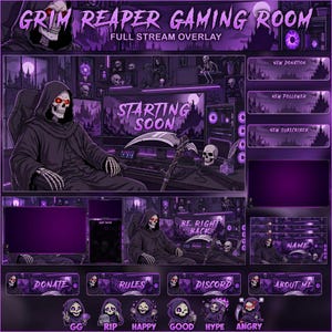 Grim Reaper Gaming Room Stream Overlay Pack Animated Dark Twitch Overlay VTuber OBS YouTube Kick Graphics