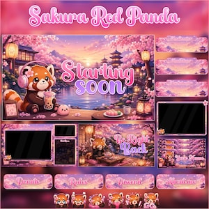 May include: A digital streaming overlay set titled Sakura Red Panda featuring a red panda character with pink headphones, cherry blossom trees, traditional architecture, and text elements including Starting soon, Be Right Back, and Your Name.
