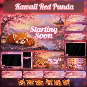 Peut inclure: Un ensemble de superpositions pour streaming numérique sur le thème du panda roux avec des cerisiers en fleurs et un paysage montagneux. Inclut des panneaux Starting Soon, Be Right Back, New Donation, New Follower, New Subscriber, Donate, Rules, Discord et About me.