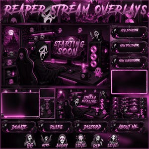 May include: A digital stream overlay set featuring a dark purple and black theme with ghost-like figures. Elements include panels labeled REAPER STREAM OVERLAYS, STARTING SOON, STREAM OFFLINE, NEW DONATION, NEW FOLLOWER, NEW SUBSCRIBER, DONATE, RULES, DISCORD, and ABOUT ME.