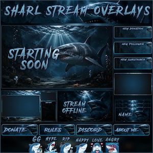May include: A digital stream overlay set featuring a shark theme with deep blue underwater backgrounds. Includes text elements like SHARK STREAM OVERLAYS, STARTING SOON, STREAM OFFLINE, and various buttons, plus six small shark character icons.