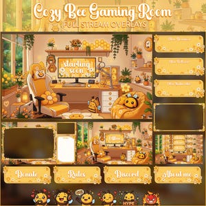 Cozy Bee Gaming Room Animated Stream Overlay Pack Cute Honey Bee Twitch Overlay OBS YouTube Kick Stream Graphics