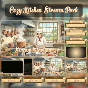 Pode incluir: Ilustração digital de um Cozy Kitchen Stream Pack. A imagem apresenta um chef em um ambiente de cozinha com sobreposições de streaming, incluindo "Stream Starting", "Now Subscriber" e "Discord". A paleta de cores é quente, com marrons e dourados.