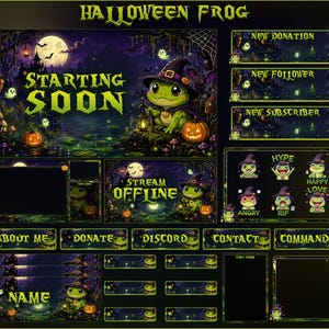 May include: A digital streaming overlay set featuring a Halloween frog theme with dark purple and green colors. Includes panels labeled Starting Soon, Stream Offline, New Donation, Follower, Subscriber, About Me, Donate, Discord, Contact, Commands, and Name.
