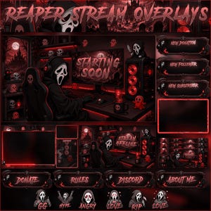 May include: A digital stream overlay set featuring a dark, red-themed horror aesthetic. It includes panels labelled New Donation, New Follower, New Subscriber, Donate, Rules, Discord, and About Me, alongside character emotes and screen frames.