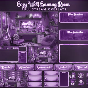 Könnte beinhalten: Ein digitales Stream-Overlay-Set mit dem Titel Cozy Wolf Gaming Room Full Stream Overlays, das violette Grafiken enthält, darunter Banner für Spenden, Abonnenten und soziale Links sowie Chat-Boxen und wolfsbasierte Charakter-Emotes.