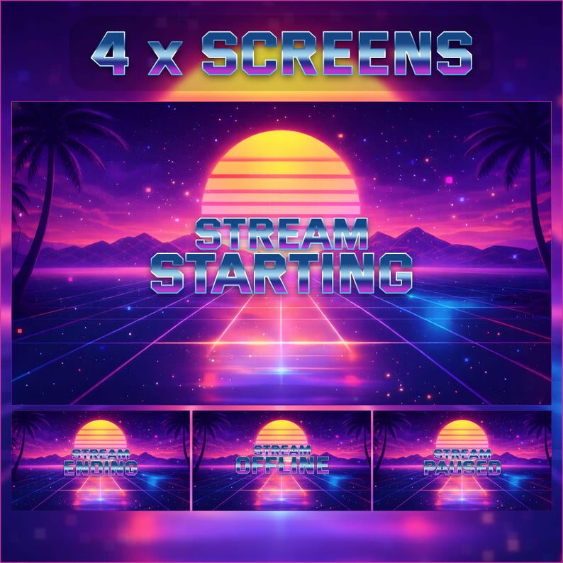 Synthwave Retro Stream Overlays Animated, Neon 80s Twitch Overlay OBS ...