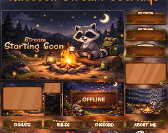 Raccoon Animated Stream Overlays,Cute Night Forest Twitch Overlay OBS YouTube Kick Stream Graphics