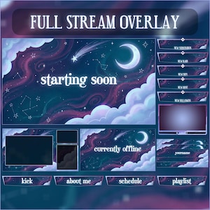 May include: A digital stream overlay design with a celestial theme. The design features a night sky with stars, a crescent moon, and clouds. Text includes "FULL STREAM OVERLAY", "starting soon", "currently offline", and various labels for stream elements.