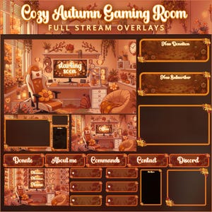 May include: A digital stream overlay set titled Cozy Autumn Gaming Room Full Stream Overlays, featuring warm orange and brown tones, autumn leaf motifs, and various interface panels for donations, subscribers, chat, and social media links.