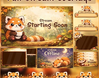 May include: Digital stream overlays featuring a cartoon red panda. The set includes scenes for "Starting Soon" and "Offline", donation and subscriber alerts, and customisable name sections. The colour palette is warm with autumn tones.