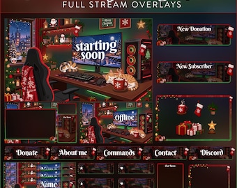 May include: A digital Christmas gaming room stream overlay set featuring festive red and green themes. Includes panels with text like Starting Soon, Offline, New Donation, New Subscriber, Donate, About me, Commands, Contact, and Discord.
