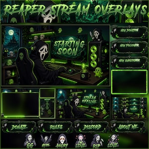 Può includere: Un set di overlay per streaming digitale con un tema verde scuro e nero che raffigura una figura incappucciata con una maschera bianca. La grafica include elementi testuali come REAPER STREAM OVERLAYS, STARTING SOON, STREAM OFFLINE e vari pulsanti come DONATE, RULES e DISCORD.