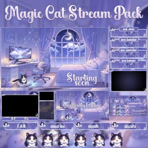 Op de afbeelding: Een digitaal stream pack met een katten thema, in paarse en blauwe tinten. Het pack bevat overlays voor de schermen "Starting Soon" en "Currently Offline", evenals panelen voor meldingen en informatie. De tekst "Magic Cat Stream Pack" staat bovenaan.