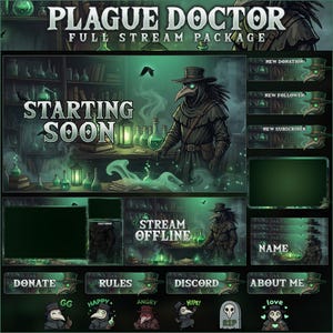 Könnte beinhalten: Ein digitales Streaming-Paket zum Thema Pestdoktor mit einer dunklen, grün getönten Ästhetik. Enthält Overlays mit Text wie STARTING SOON, STREAM OFFLINE sowie verschiedene Beschriftungen wie DONATE, RULES, DISCORD, ABOUT ME und Charakter-Emotes.