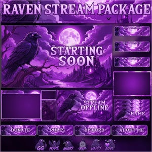 Può includere: Un pacchetto streaming digitale viola con illustrazioni di corvi, luna piena e un paesaggio con castello oscuro. Include overlay con testo come RAVEN STREAM PACKAGE, STARTING SOON, STREAM OFFLINE e vari pulsanti come DONATE, RULES e DISCORD.