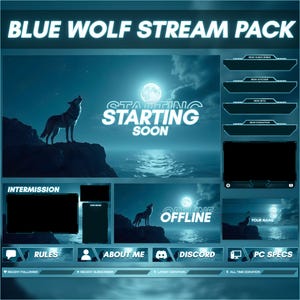 May include: A digital streaming pack with a blue and white theme. The pack includes various screens with a wolf howling at the moon, the text "STARTING SOON", and social media icons. The pack is designed for online streamers.