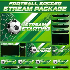Può includere: Un pacchetto di streaming di calcio Football Soccer verde e bianco con un pallone da calcio in una rete e le parole "STREAM STARTING" e "STREAM ENDING". Include grafica per "SCHEDULE", "ABOUT ME", "DONATE" e "RULES".